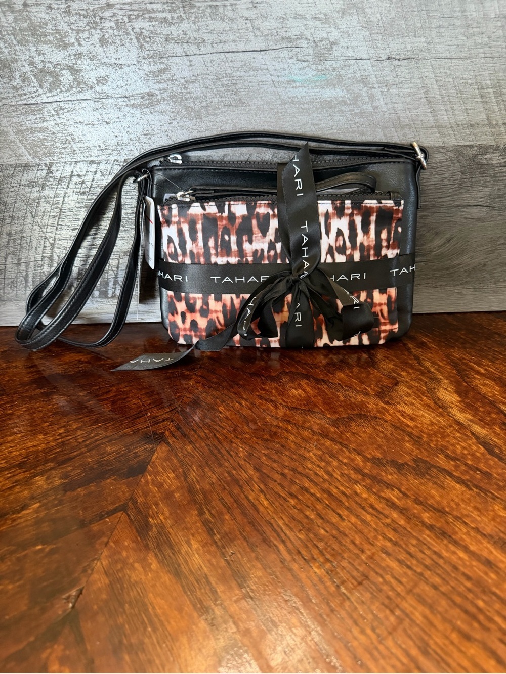 NWT Tahari Nylon Black Crossbody & Leopard Print Wristlet Gift Set